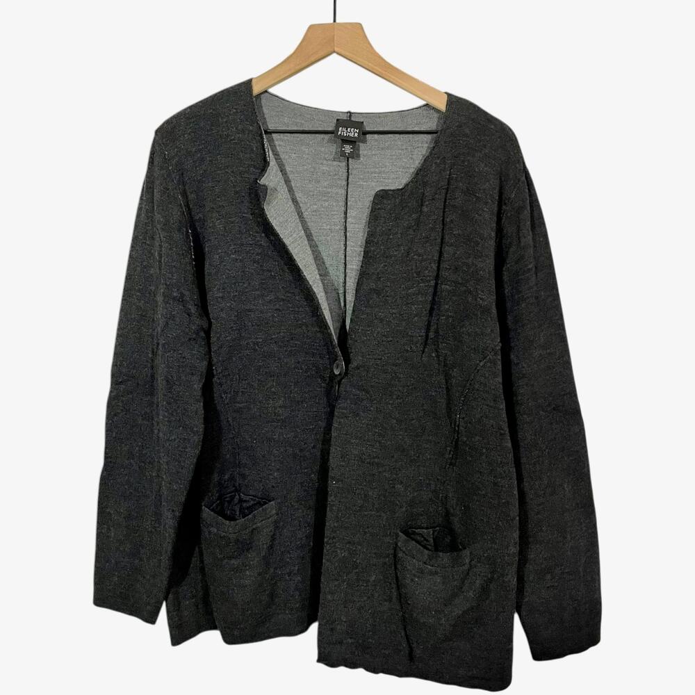 Eileen Fisher One Button Merino Wool Cardigan - Gray - Large
